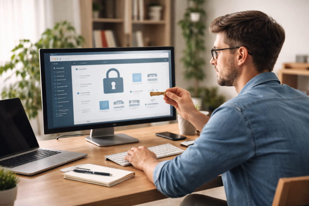 Website Kontrolle und Eigentum symbolisiert durch Schlüssel vor Computerarbeitsplatz
