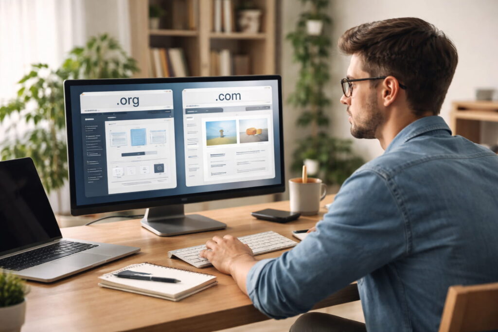 WordPress.org vs. WordPress.com Vergleich auf einem Computerbildschirm im Homeoffice