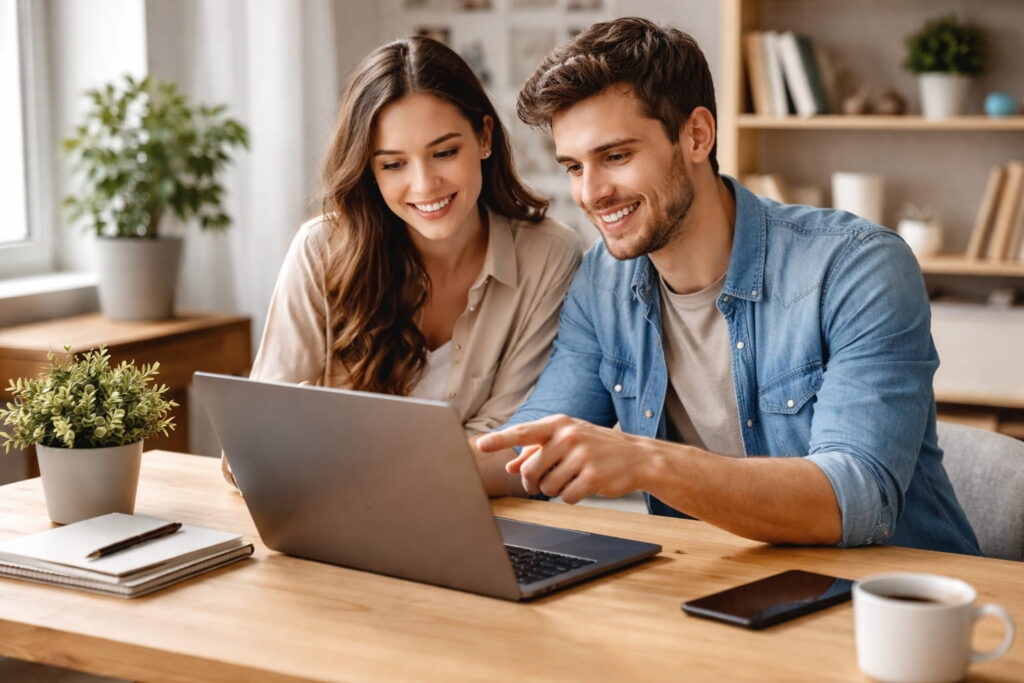 Zwei Personen überlegen gemeinsam am Laptop, ob WordPress für ihr Projekt geeignet ist
