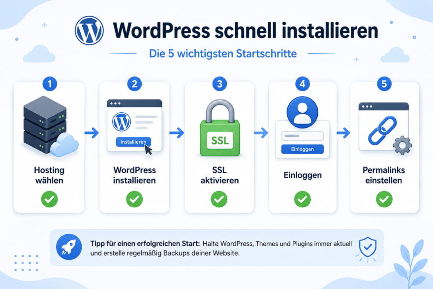Infografik mit den wichtigsten Schritten zum WordPress installieren: Hosting wählen, SSL aktivieren, einloggen und Permalinks einstellen