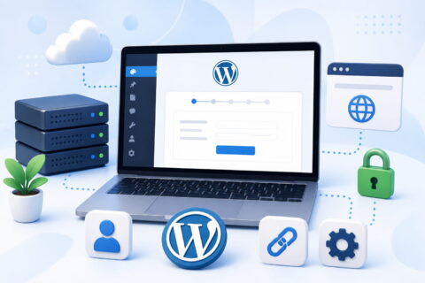 WordPress-Installation auf einem Laptop mit Symbolen für Hosting, SSL, Login und Permalinks als Start in die eigene Website