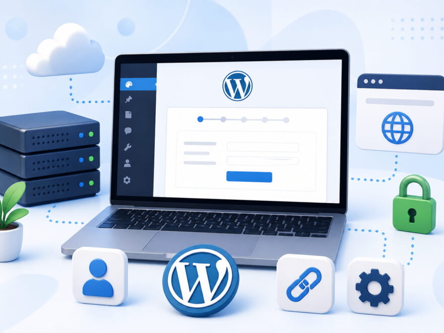 WordPress-Installation auf einem Laptop mit Symbolen für Hosting, SSL, Login und Permalinks als Start in die eigene Website