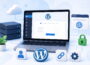 WordPress-Installation auf einem Laptop mit Symbolen für Hosting, SSL, Login und Permalinks als Start in die eigene Website