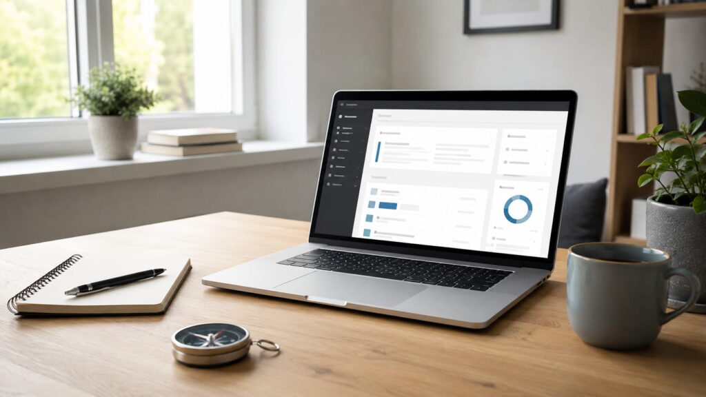 WordPress-Arbeitsplatz mit Laptop, Notizen und Kompass als Symbol für Orientierung