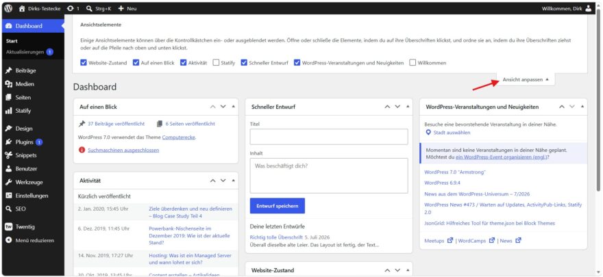 WordPress Dashboard anpassen und Elemente einblenden WordPress Dashboard über Ansicht anpassen individuell einstellen