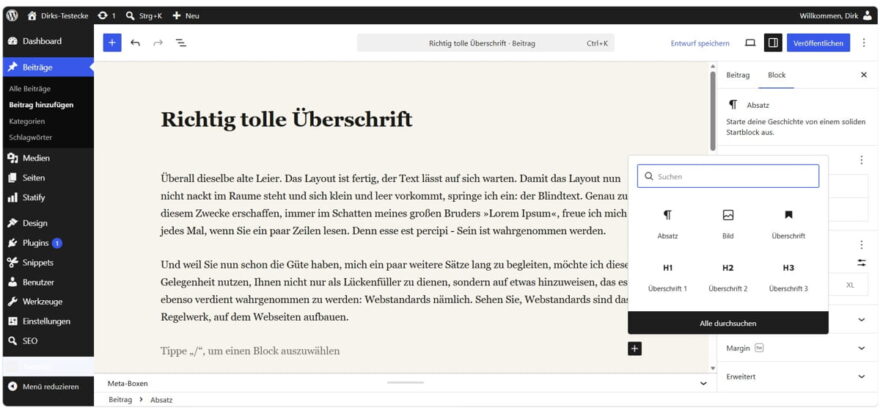 WordPress Dashboard: Beitrag im Block-Editor bearbeiten WordPress Dashboard mit geöffnetem Block-Editor und Block-Auswahl