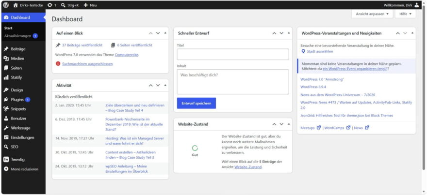 WordPress Dashboard: Admin-Menü im Überblick WordPress Dashboard mit Admin-Menü und wichtigen Bereichen