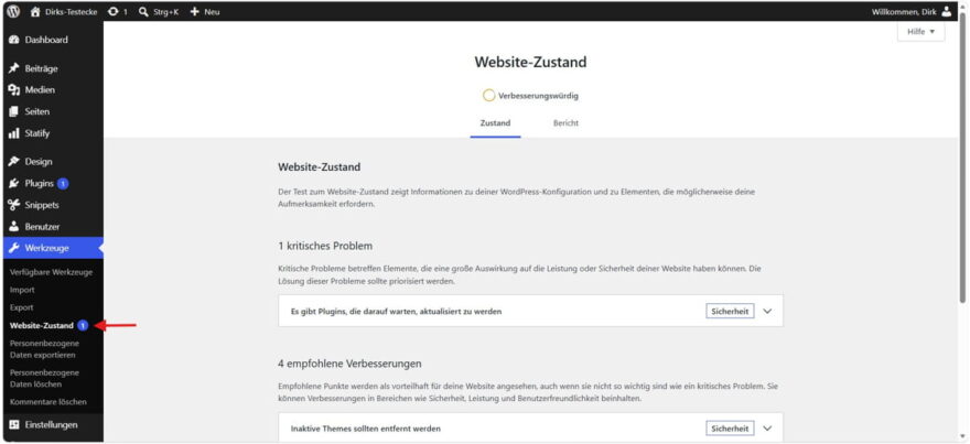 WordPress Dashboard: Website-Zustand prüfen Website-Zustand im WordPress Dashboard mit Hinweisen zu Updates und Sicherheit